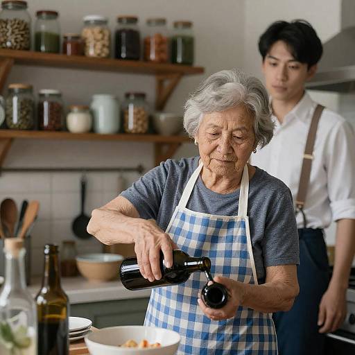 Elderly Woman in a Rustic Kitchen