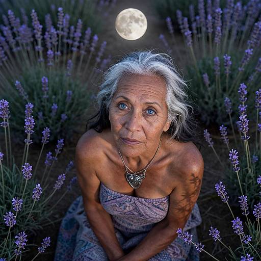 Photograph of an elderly woman with white hair, blue eyes, and a butterfly necklace, kneeling amidst lavender flowers under a full moon.