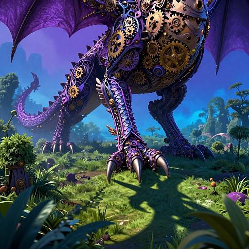 Digital artwork of a purple, gear-filled, mechanical dragon with sharp claws and wings, standing in a vibrant, sunny forest clearing.