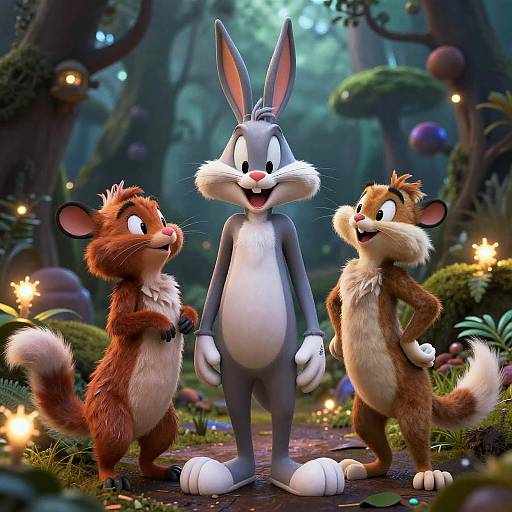 CGI image of three anthropomorphic animals: a gray bunny in the center, and two brown squirrels with white bellies, standing in a whims