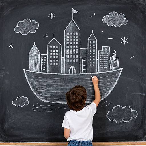 Photograph of a child with dark hair, wearing a white shirt, drawing a white chalk cityscape on a blackboard with cloud and star doodles