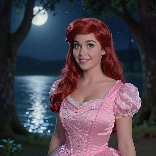 Photograph-style digital illustration of a smiling young woman with red hair, wearing a pink, lace-embellished, puffed-sleeve ball