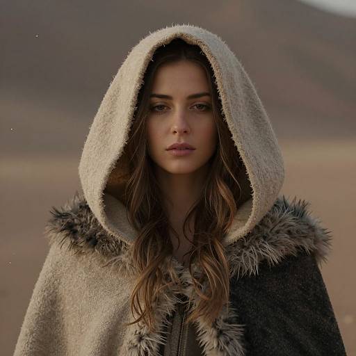 Photograph of a serious young woman with long brown hair, wearing a beige hooded cloak with fur trim, standing in a barren, mountainous landscape