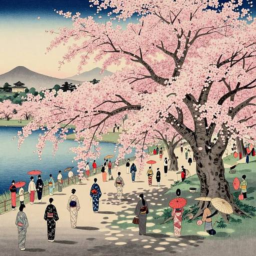 Aerial View of Ukiyo-e Cherry Blossom Festival