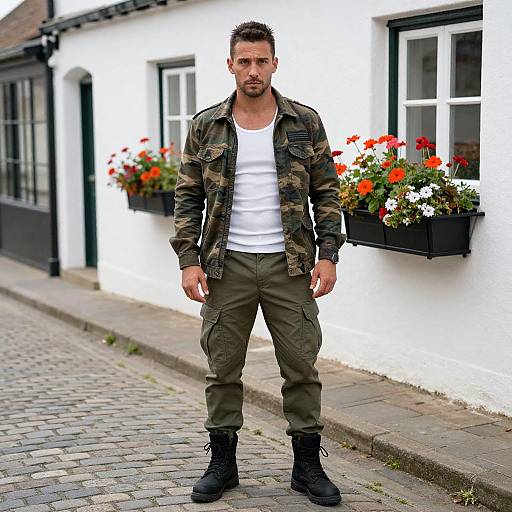 Photograph of a muscular, bearded man with short brown hair, wearing a camo jacket, white tank top, olive pants, and black boots