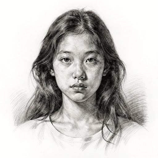 Black-and-white pencil drawing of a young woman with long, wavy hair and neutral expression, wearing a simple top, against a white background.