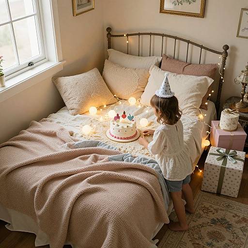 Photograph of a young girl with curly brown hair in a white shirt and blue shorts, wearing a blue party hat, blowing out candles on a birthday