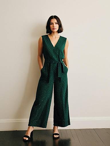 Chic Petite Woman in Geometric Jumpsuit