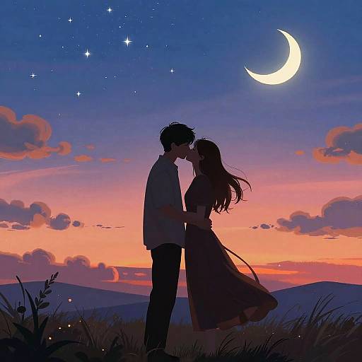 Digital anime-style drawing of a silhouetted couple kissing under a crescent moon and starry sky at sunset. Vibrant pink, orange,