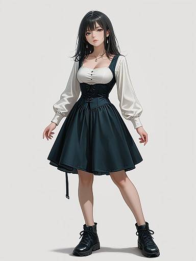 Digital anime-style drawing of a young woman with black hair, wearing a white blouse, black corset, and skirt, black boots, standing against a