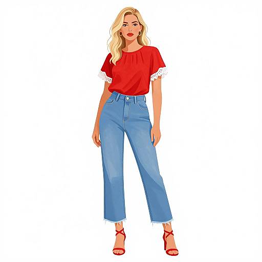 Digital illustration of a blonde woman with wavy hair, wearing a red short-sleeve top with white lace, high-waisted blue jeans,