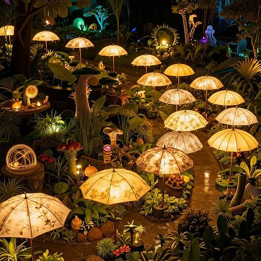 Luminous Umbrella Procession in Mystical Garden