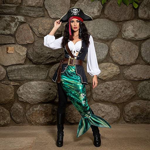 Photograph of a woman in a pirate costume: black tricorn hat, white shirt, black vest, green mermaid tail, stone wall background.