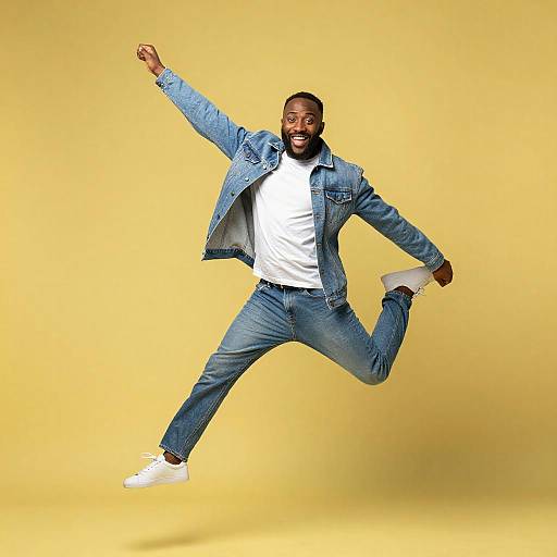 Joyful Black Man Jumping in Denim