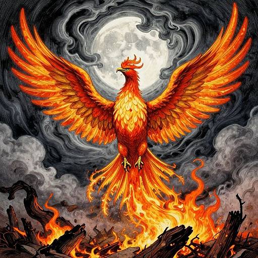 Digital art: Vibrant phoenix with fiery red and orange feathers, wings spread, standing on burning rocks under a full moon in a swirling, smoky