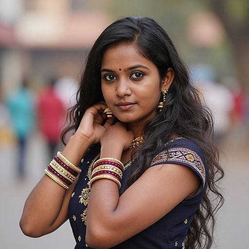 Photograph of an Indian woman with long black hair, brown skin, wearing a black saree with gold embroidery, gold earrings, and multiple gold b