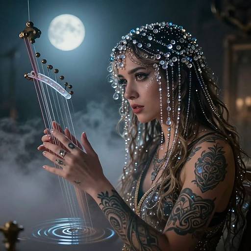 Photographic-style digital artwork of a tattooed, silver-beaded, moonlit woman playing a harp, with a glowing full moon in the background