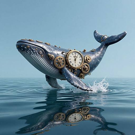 Digital artwork of a steampunk-style blue whale adorned with clock gears, emerging from calm ocean water, splashing, with a clear blue sky background