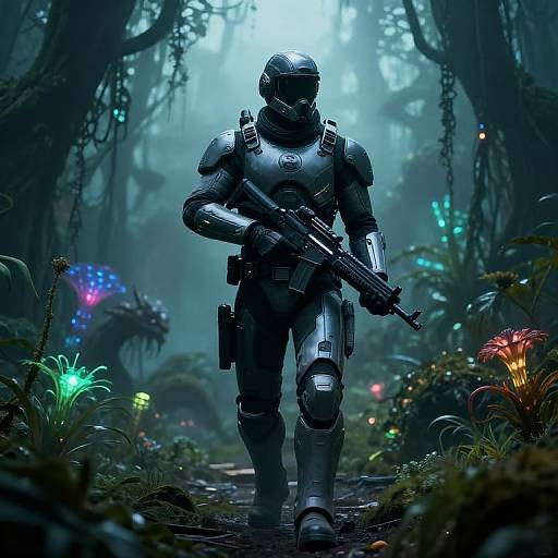 Digital artwork of a futuristic, armored soldier with a rifle walking through a dark, glowing, alien forest with bioluminescent plants and eerie, mist
