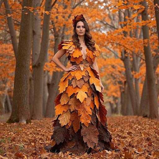 Photograph of a woman in an autumn-themed dress made of large orange and brown leaves, standing in an orange-leaved forest.