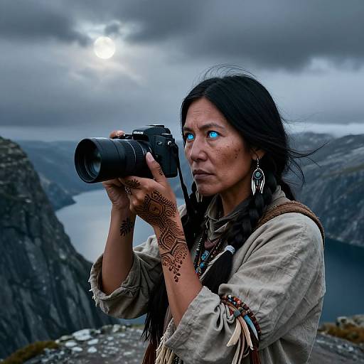 Photograph of a Native American woman with braided black hair, blue glowing eyes, and henna tattoos, holding a camera, overlooking a misty