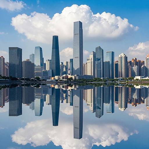 Photograph of a modern city skyline with tall, reflective skyscrapers mirrored in a calm, blue water body under a bright, partly cloudy sky.