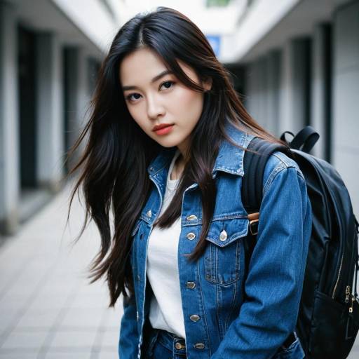 Young Korean Woman in Denim Outfit