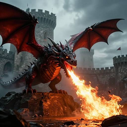 Digital fantasy artwork: A fierce, black-scaled dragon with red wings and glowing orange eyes breathes fire, standing on rocky terrain in front of a