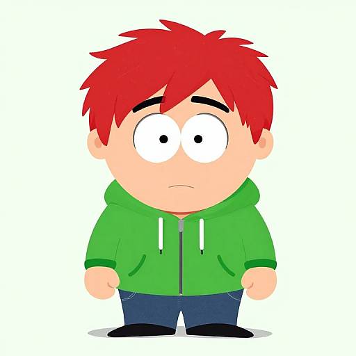 Cartoon drawing of a sad boy with red spiky hair, green hoodie, blue pants, and wide-eyed expression, standing against a white background.