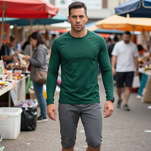 Photograph of a muscular, short-haired man with light skin in a dark green long-sleeve shirt and gray shorts, walking through a bustling outdoor