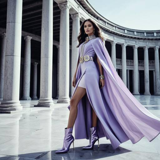 Woman in Lavender Cape Dress with High Heels in Modern Architecture Plaza