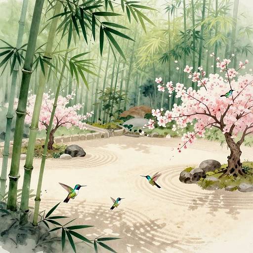 Digital painting of a serene bamboo forest with pink cherry blossoms, two blue-green hummingbirds, and a tranquil sandy pond.