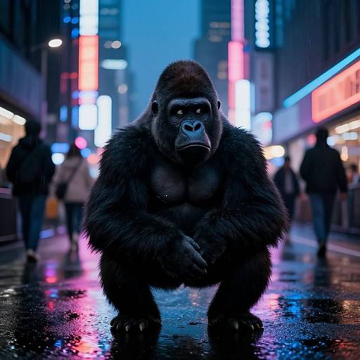 Confused Gorilla in Cyberpunk City