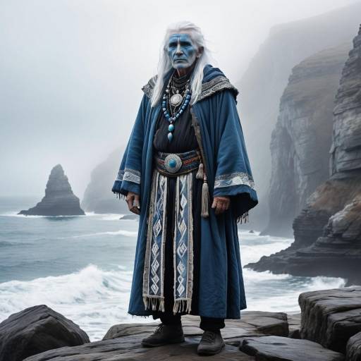 Elderly Mystic in Foggy Coastal Landscape