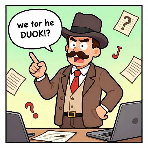 Cartoon of a mustached man in a brown suit, red tie, and black hat, pointing and shouting 