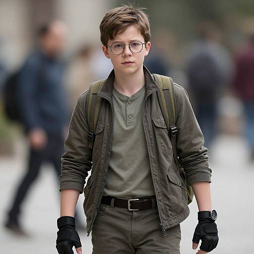 Photograph of a young white boy with brown hair, glasses, wearing a green jacket, grey shirt, black gloves, and backpack, standing in a