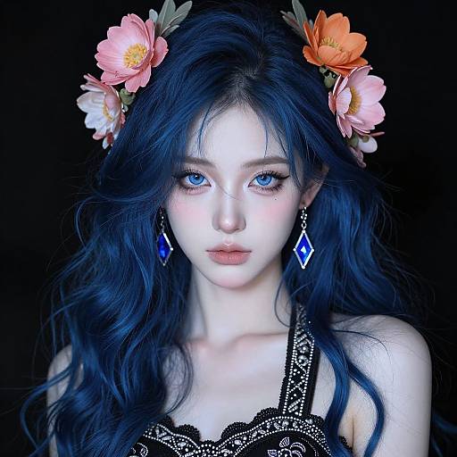 Digital portrait of a pale, blue-eyed woman with long, wavy black hair, adorned with orange and pink flowers, wearing blue diamond earrings, against