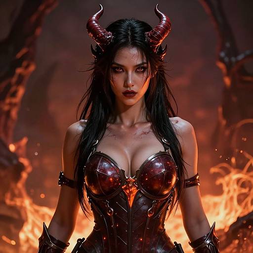 Digital artwork of a seductive demoness with black hair, red horns, and dark armor, standing in front of a fiery background. Her intense gaze