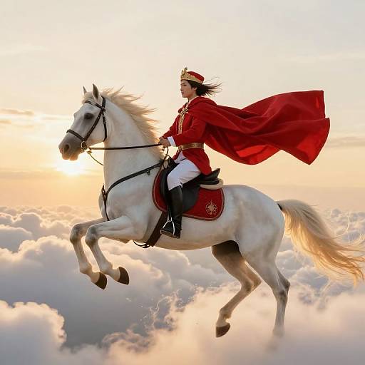 Digital artwork of a regal figure in a red military uniform and cap, riding a white horse through a cloud-filled sky at sunset.