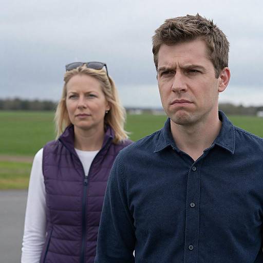 Photograph of serious-looking Caucasian man in navy shirt standing in front of blonde woman in purple vest, both outdoors on overcast day.