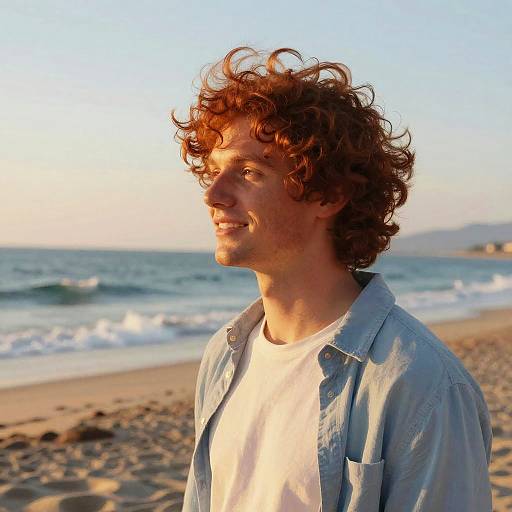 Photograph of a curly-haired man with fair skin, wearing a light blue denim shirt over a white t-shirt, smiling at a sunny beach with waves