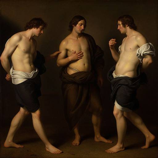 Baroque-style oil painting of three muscular, shirtless men with dark drapery, engaged in conversation, standing against a dark background.