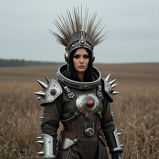 Photograph of a stern-faced woman in metallic, spiked armor with a radiant crown, standing in a barren, grassy field.