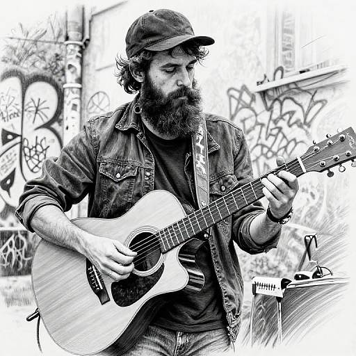 Bearded man with cap plays acoustic guitar in graffiti-covered urban setting, wearing denim jacket and dark shirt, in black-and-white photo.