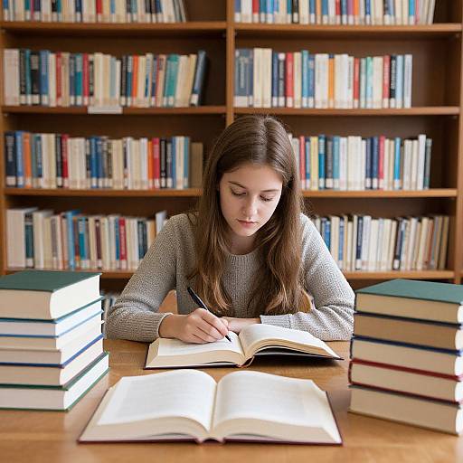 Young woman with long brown hair, gray sweater, writing in open book, surrounded by stacked books, in a library. Photograph.