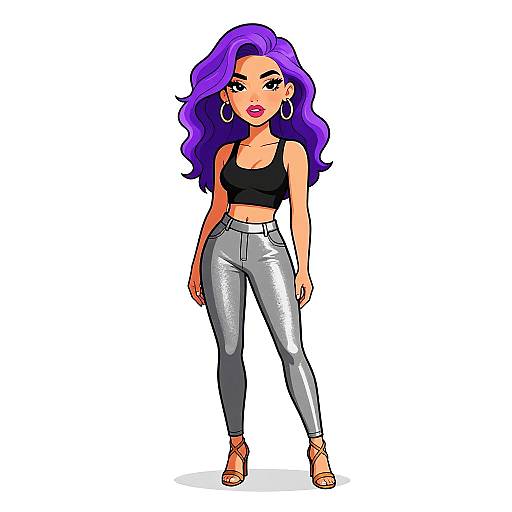 Digital drawing of a stylish woman with vibrant purple hair, wearing a black crop top, silver shiny pants, and brown sandals. She has large hoop earrings