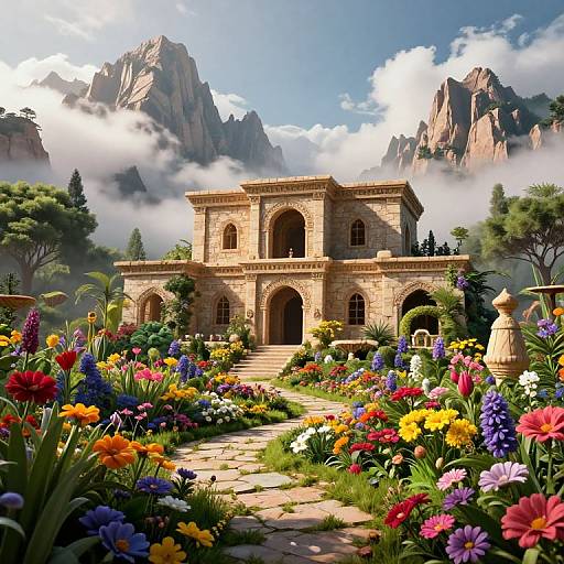 Photorealistic digital artwork of a grand stone mansion with arched windows, surrounded by a vibrant, colorful garden, and majestic mountains under a cloudy sky