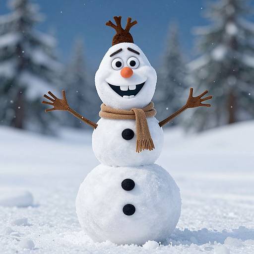 CGI snowman with orange carrot nose, black buttons, brown scarf, and twig hat, standing in snowy forest, arms raised, smiling.