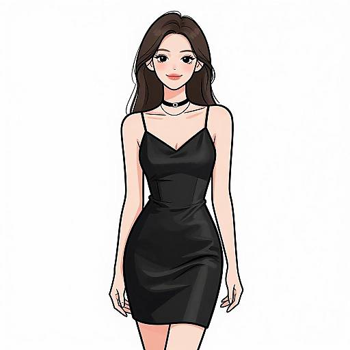 Digital drawing of a young woman with long brown hair, wearing a black, sleeveless, form-fitting dress and a choker, standing against a