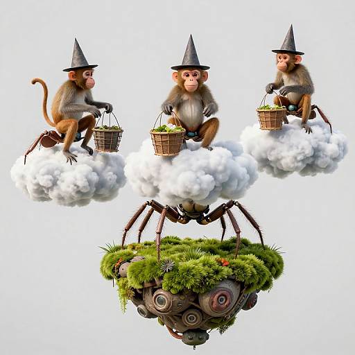 Digital artwork: Three monkeys in grey hats with baskets, sitting on white clouds, above a spider-dragonfly hybrid carrying a mossy platform.